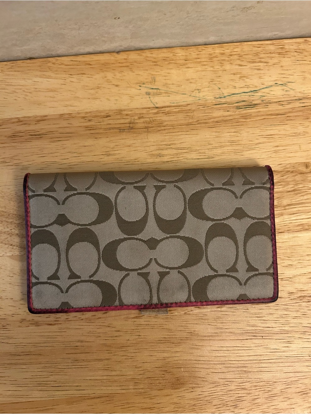 Coach Signature Canvas Long Bifold Wallet with Pink Trim